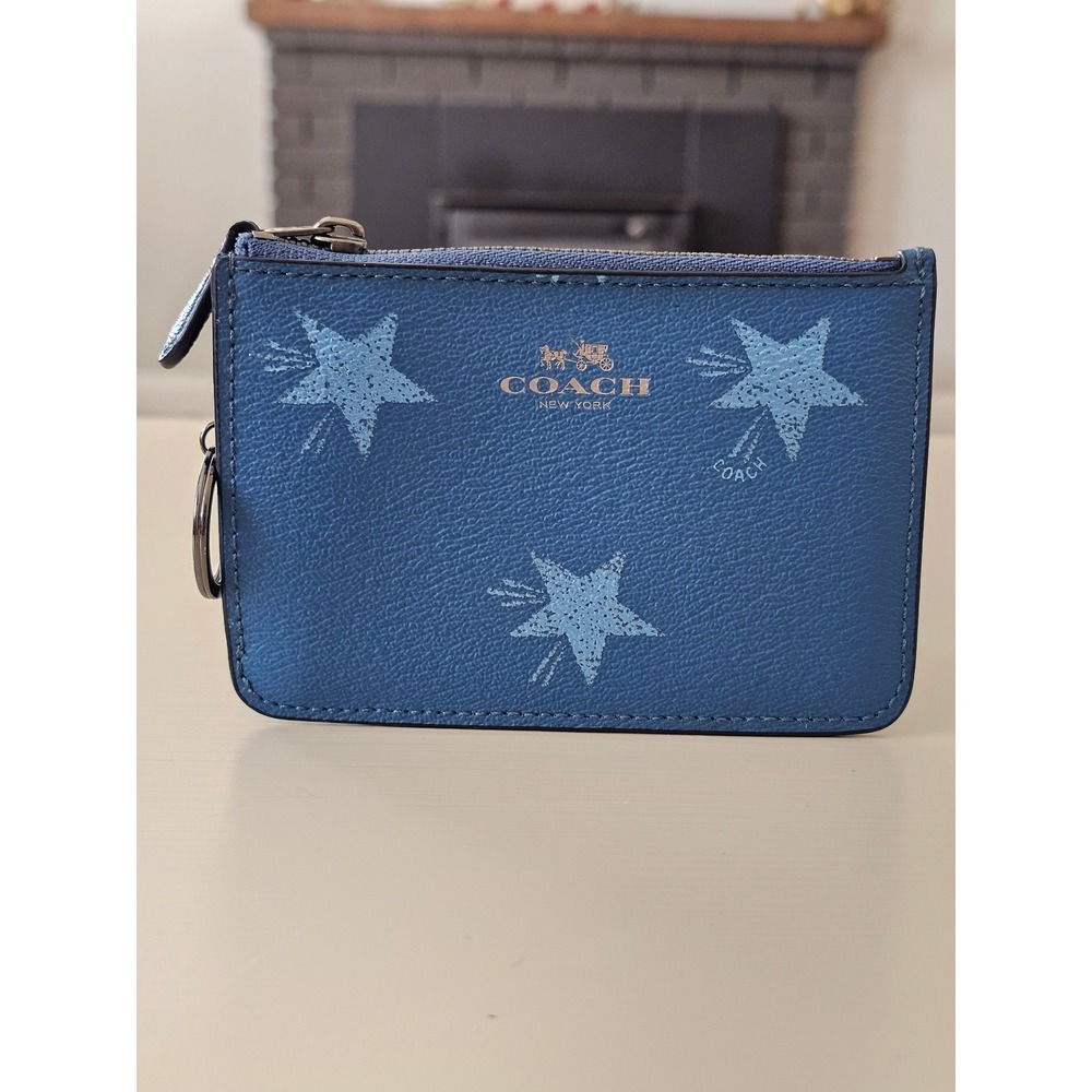 Coach Mini Skinny Case Blue Leather Shooting Star Wallet Key Ring
